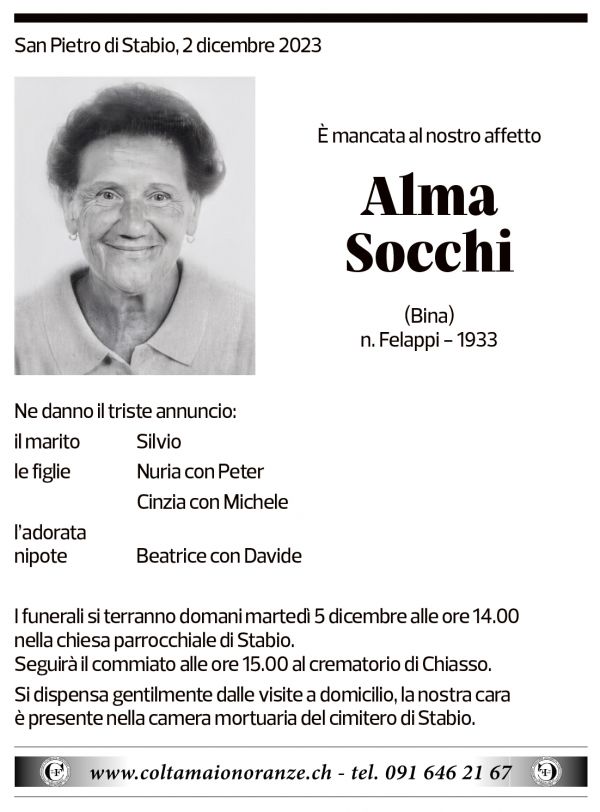 Annuncio funebre Alma Socchi