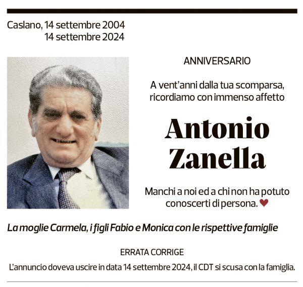 Annuncio funebre Antonio Zanella