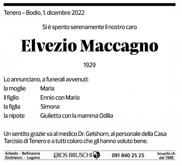 Annuncio funebre Elvezio Maccagno