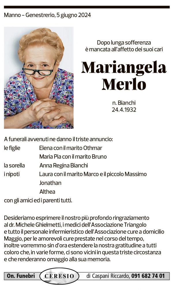 Annuncio funebre Mariangela Merlo