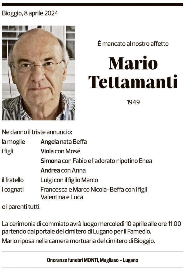 Annuncio funebre Mario Tettamanti