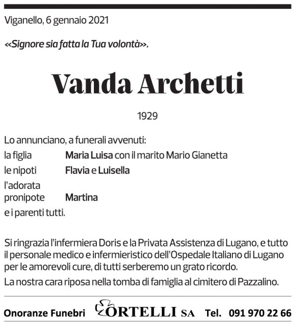 Annuncio funebre Vanda Archetti