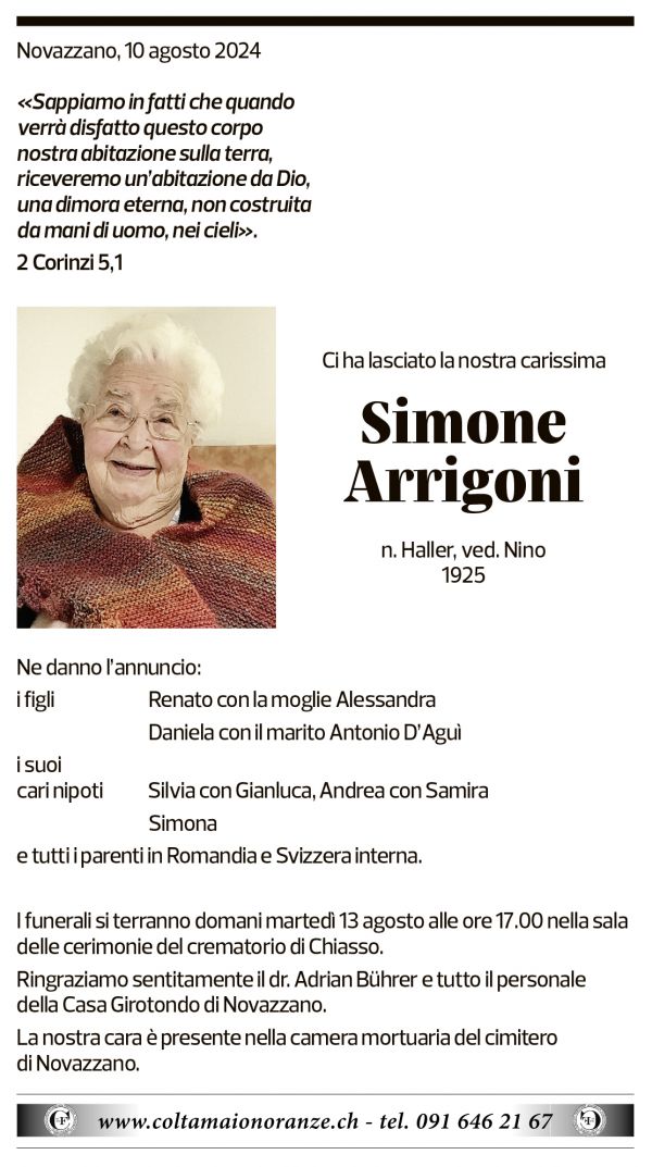 Annuncio funebre Simone Arrigoni