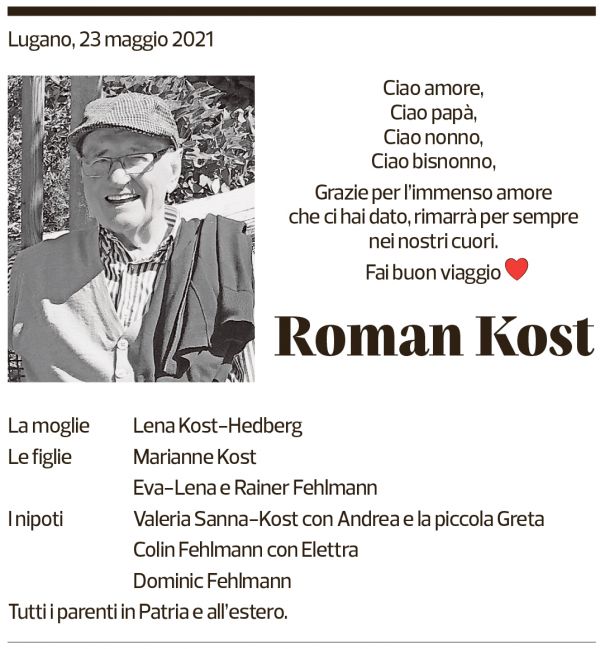 Annuncio funebre Roman Kost