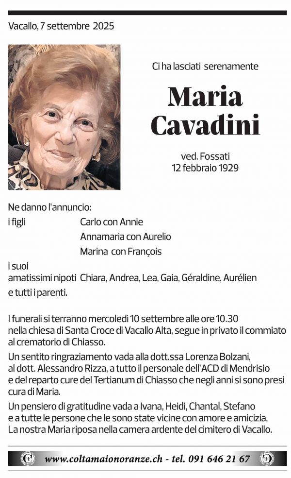 Annuncio funebre Maria Cavadini
