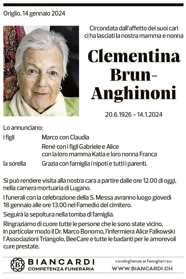 Annuncio funebre Clementina Brun-anghinoni