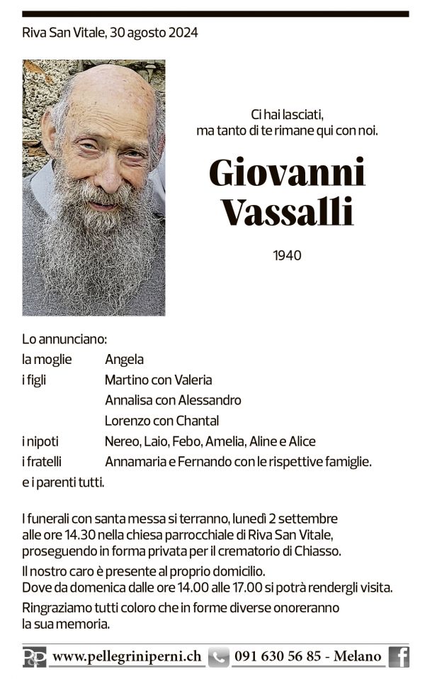 Annuncio funebre Giovanni Vassalli