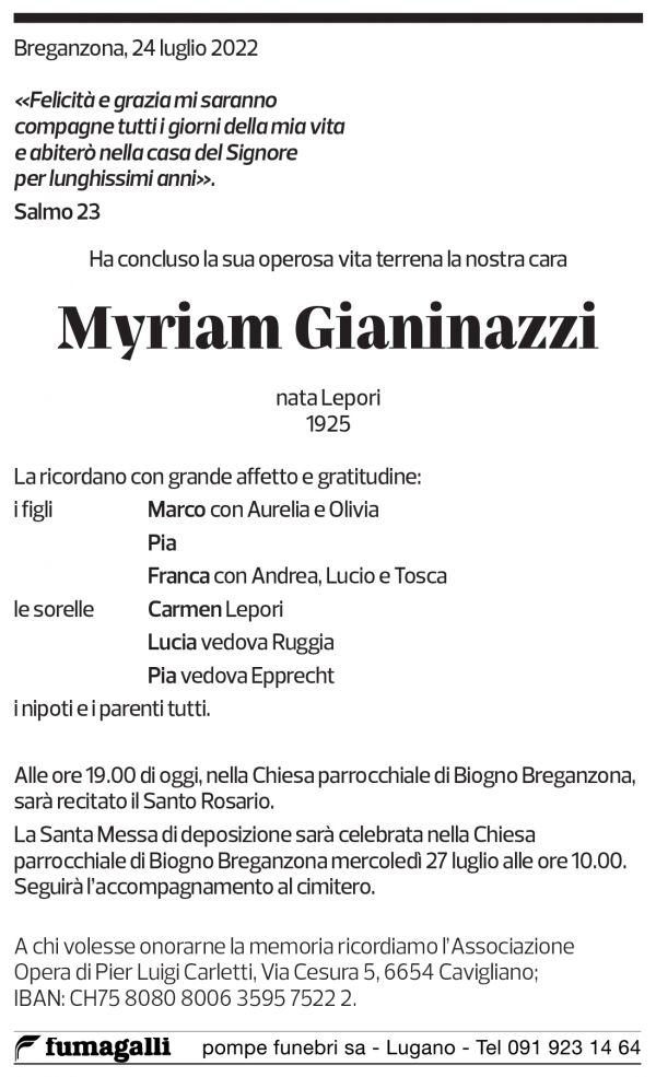 Annuncio funebre Myriam Gianinazzi