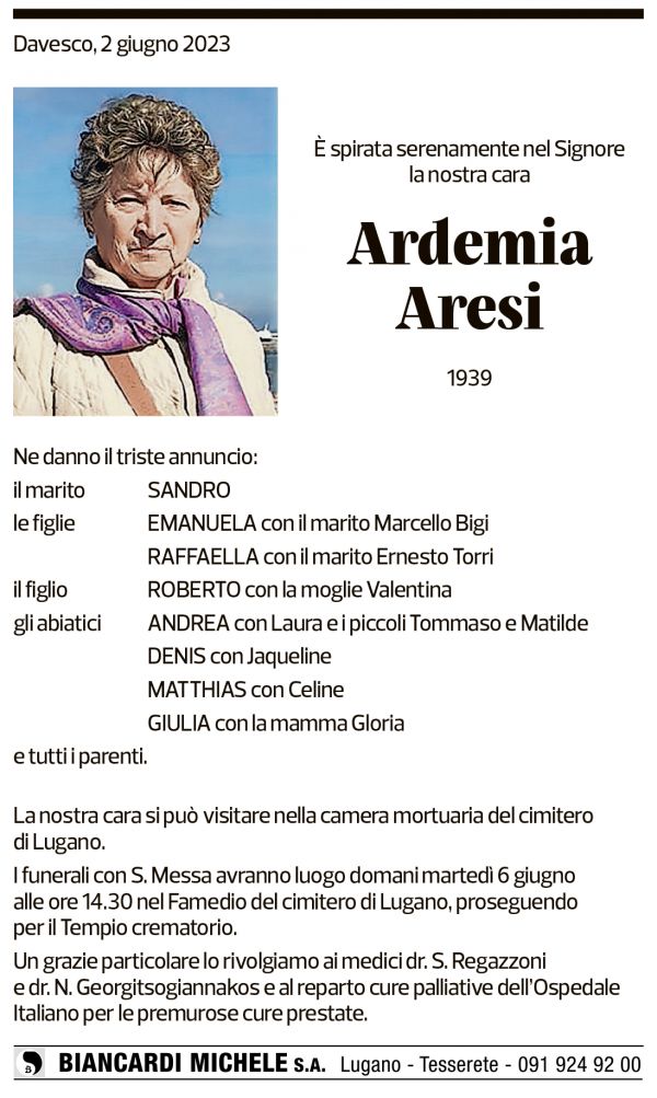 Annuncio funebre Ardemia Aresi