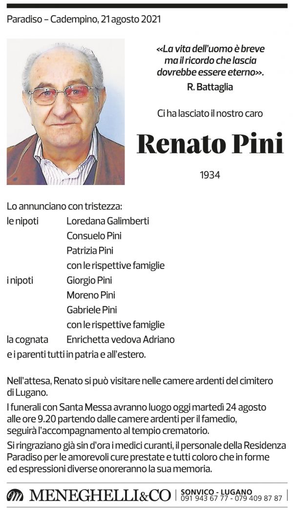 Annuncio funebre Renato Pini