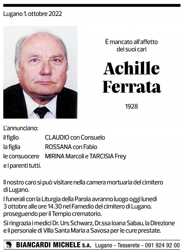 Annuncio funebre Achille Ferrata