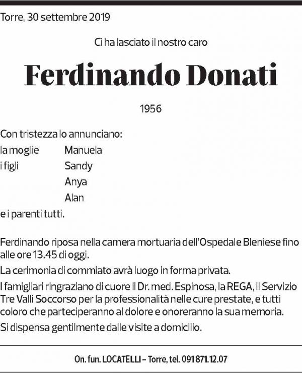 Annuncio funebre Ferdinando Donati