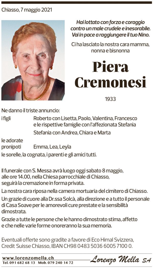 Annuncio funebre Piera Cremonesi