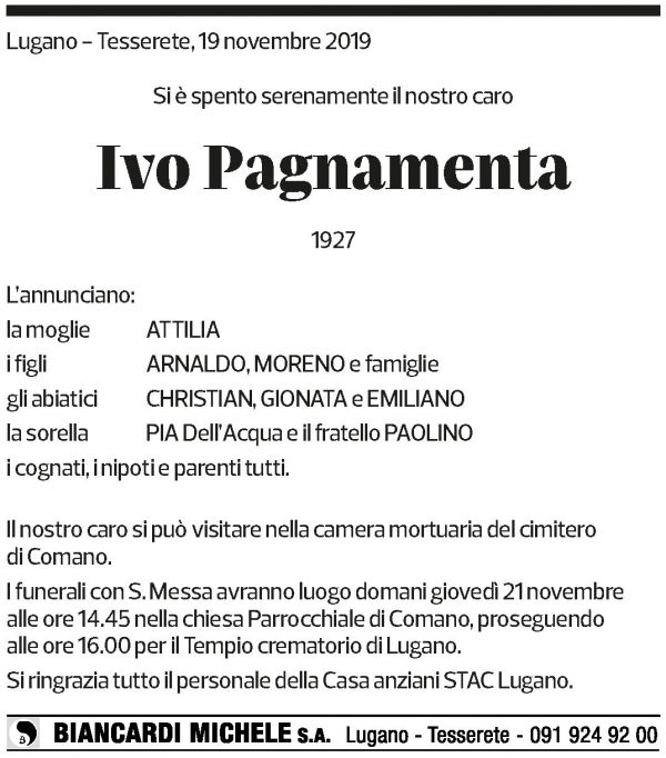 Annuncio funebre Ivo Pagnamenta