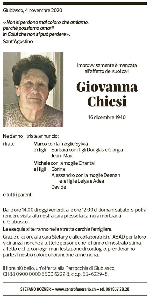 Annuncio funebre Giovanna Chiesi