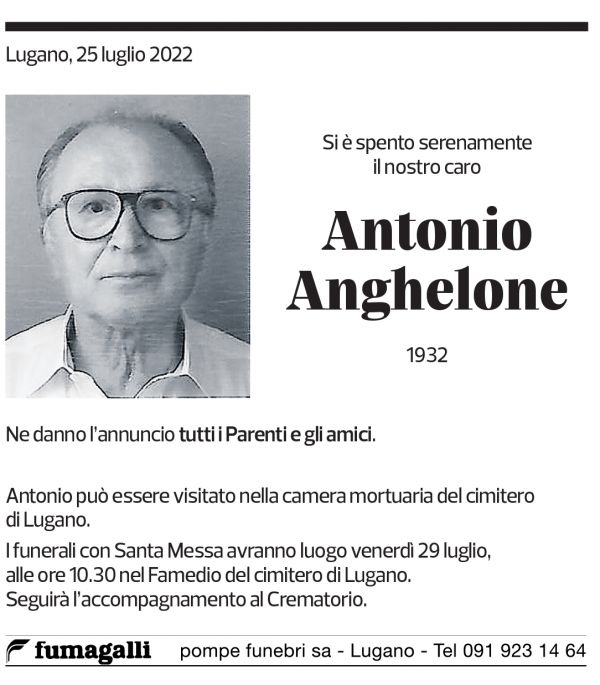 Annuncio funebre Antonio Anghelone