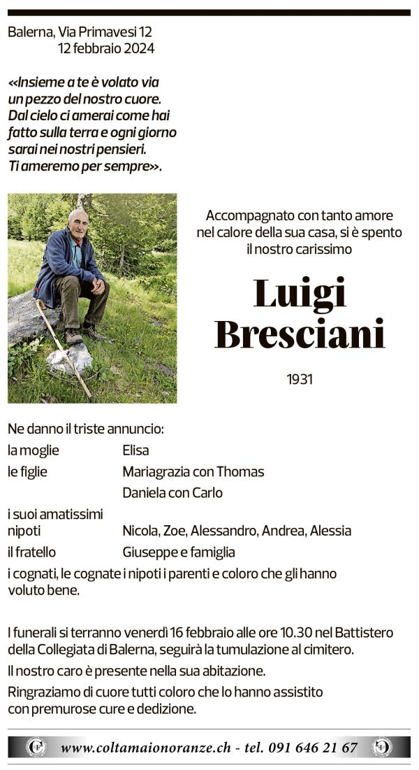 Annuncio funebre Luigi Bresciani