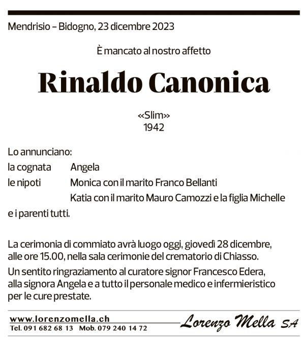 Annuncio funebre Rinaldo Canonica