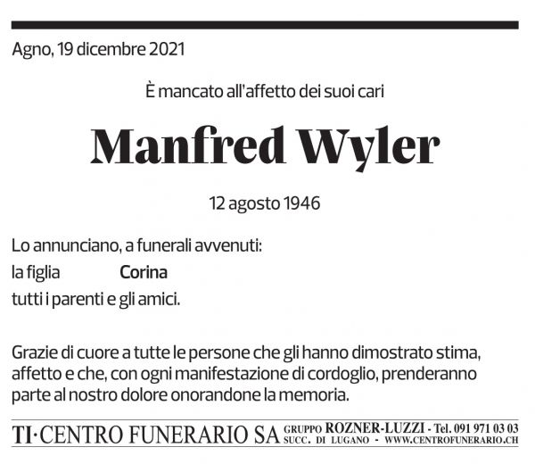 Annuncio funebre Manfred Wyler