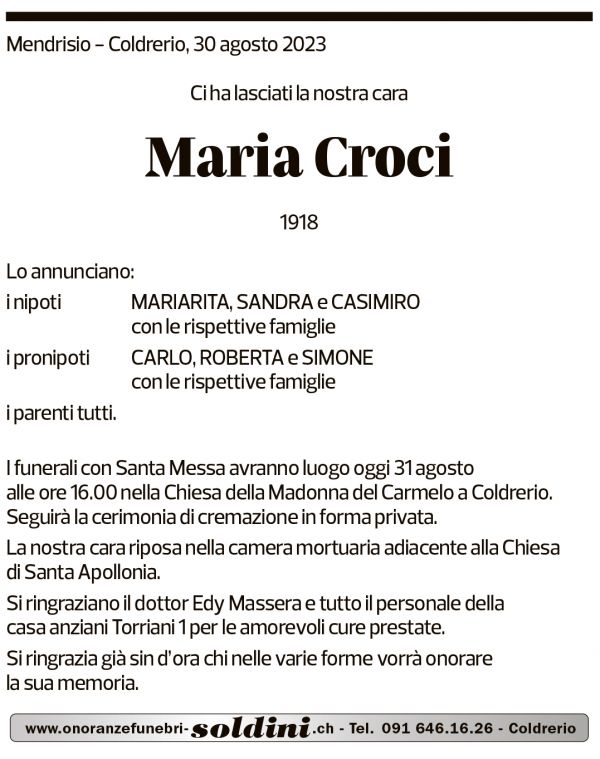 Annuncio funebre Maria Croci