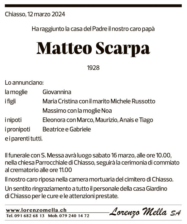 Annuncio funebre Matteo Scarpa