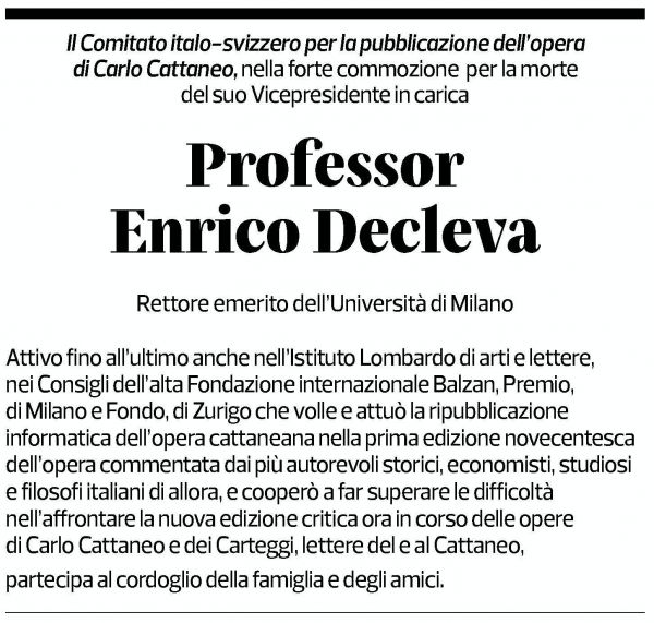 Annuncio funebre Professor Enrico Decleva