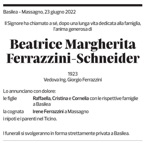 Annuncio funebre Beatrice Margherita Ferrazzini-schneider