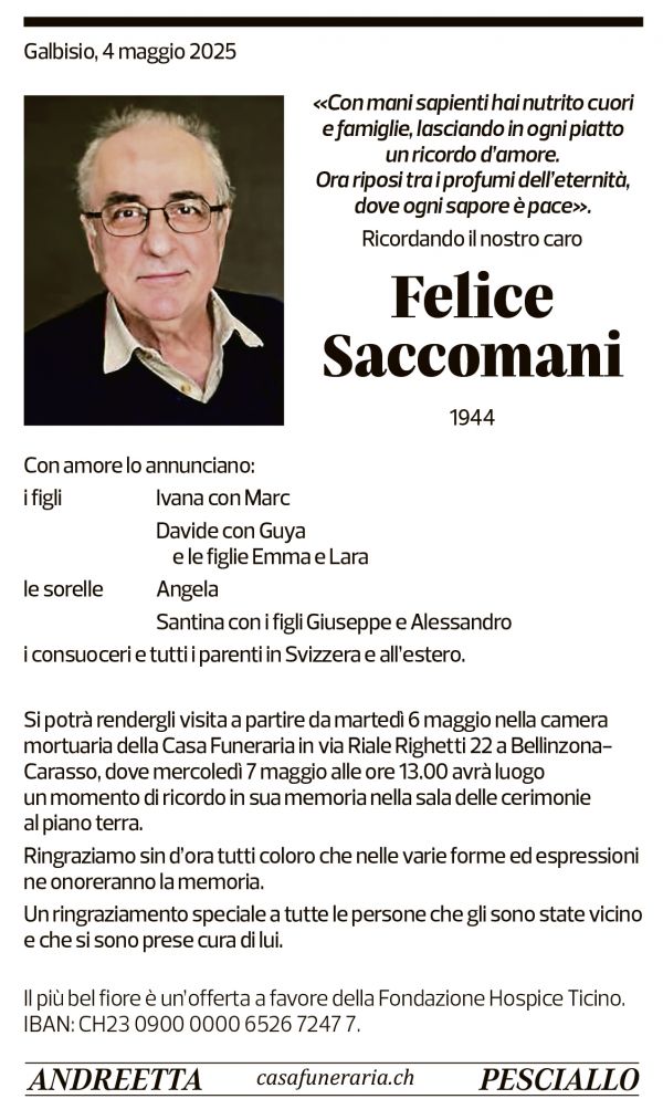 Annuncio funebre Felice Saccomani