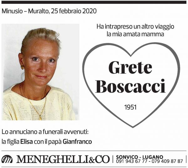 Annuncio funebre Grete Boscacci