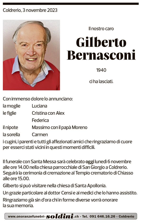 Annuncio funebre Gilberto Bernasconi