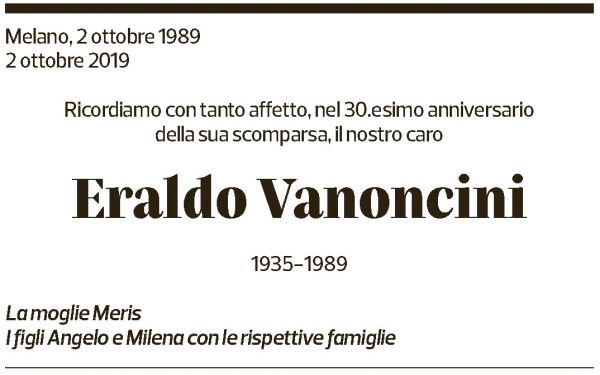 Annuncio funebre Eraldo Vanoncini