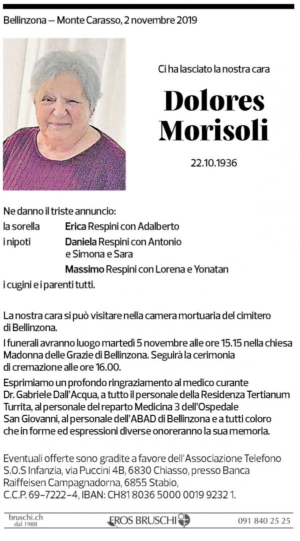 Annuncio funebre Dolores Morisoli