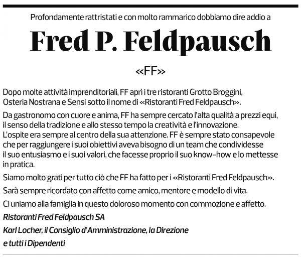 Annuncio funebre Fred P. Feldpausch