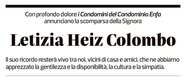 Annuncio funebre Letizia Heiz Colombo