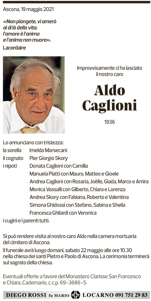 Annuncio funebre Aldo Caglioni