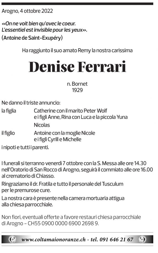 Annuncio funebre Denise Ferrari