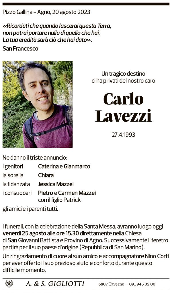 Annuncio funebre Carlo Lavezzi