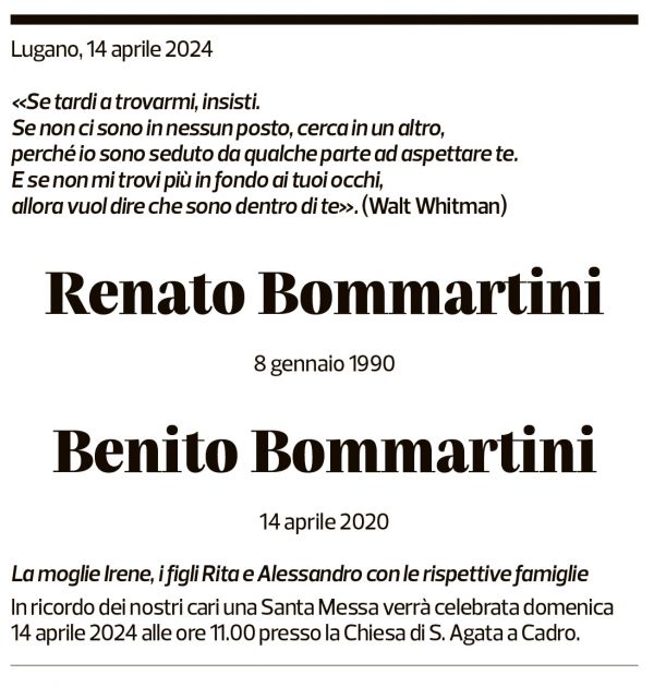 Annuncio funebre Renato Bommartini Benito Bommartini