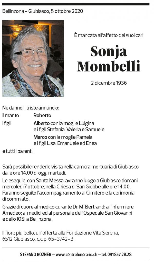 Annuncio funebre Sonja Mombelli