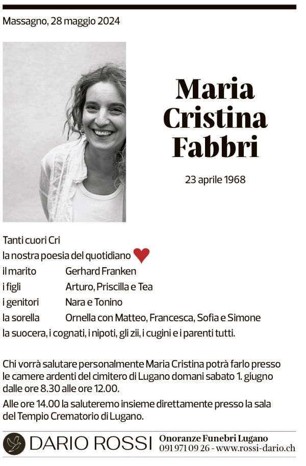 Annuncio funebre Maria Cristina Fabbri