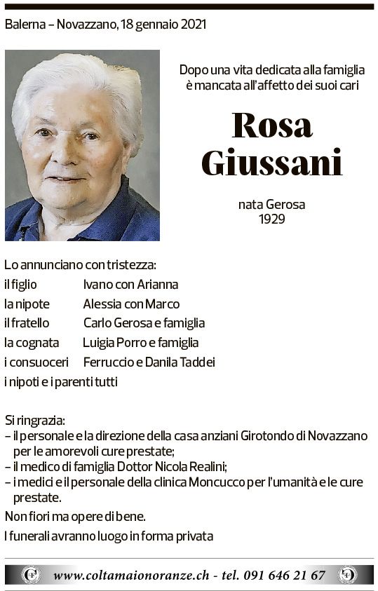 Annuncio funebre Rosa Giussani