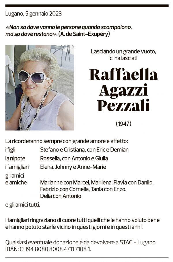 Annuncio funebre Raffaela Agazzi Pezzali