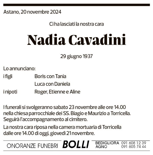 Annuncio funebre Nadia Cavadini