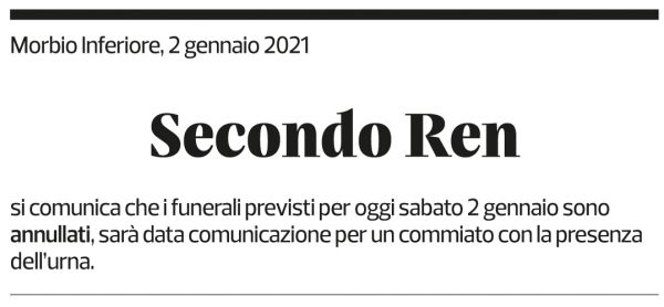 Annuncio funebre Secondo Ren
