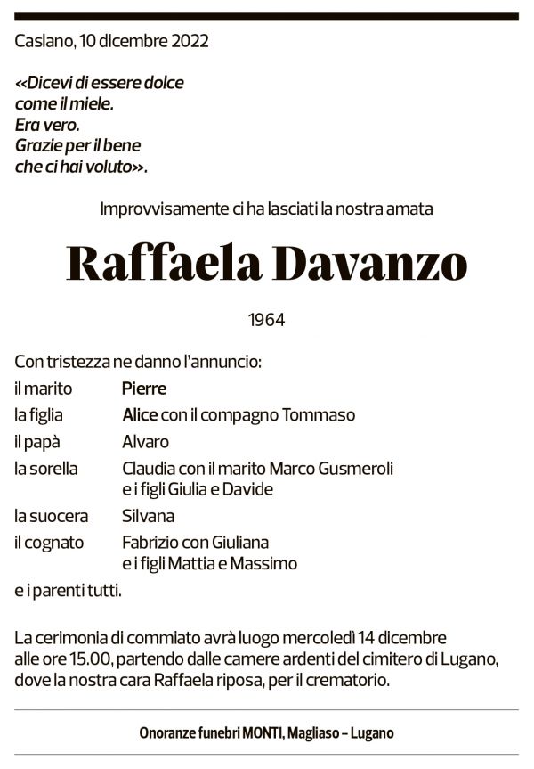 Annuncio funebre Raffaela Davanzo