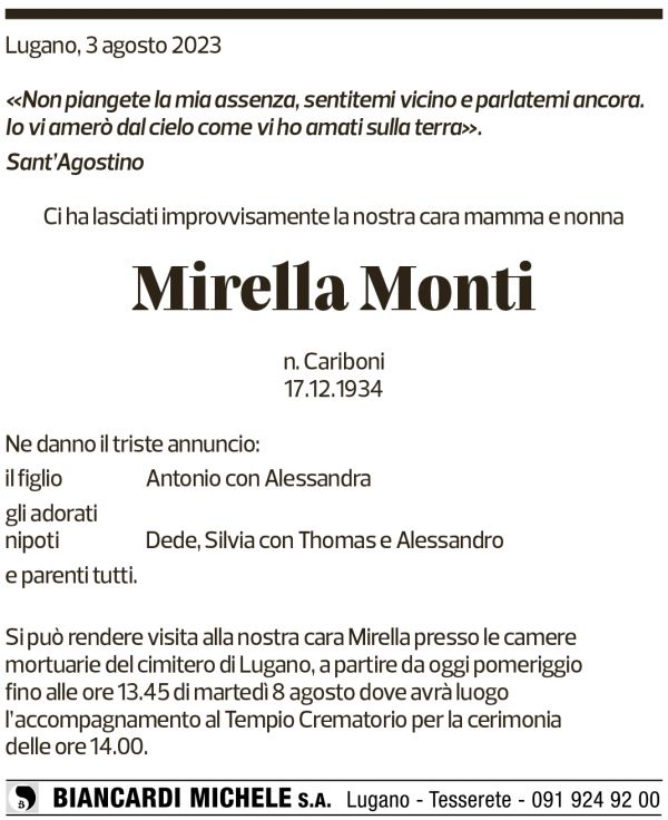 Annuncio funebre Mirella Monti