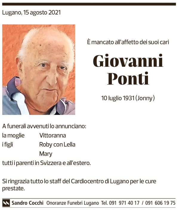 Annuncio funebre Giovanni Ponti