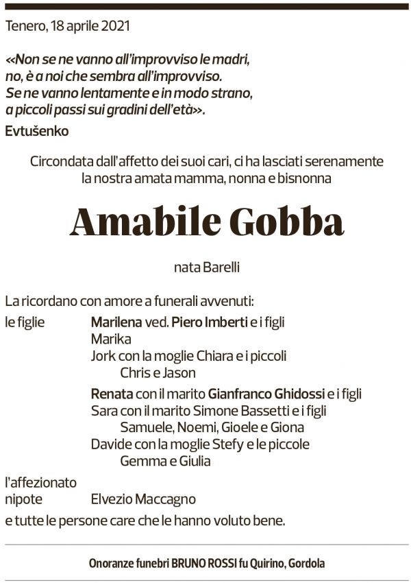 Annuncio funebre Amabile Gobba