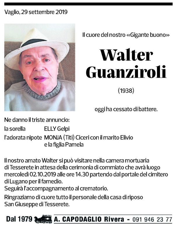 Annuncio funebre Walter Guanziroli