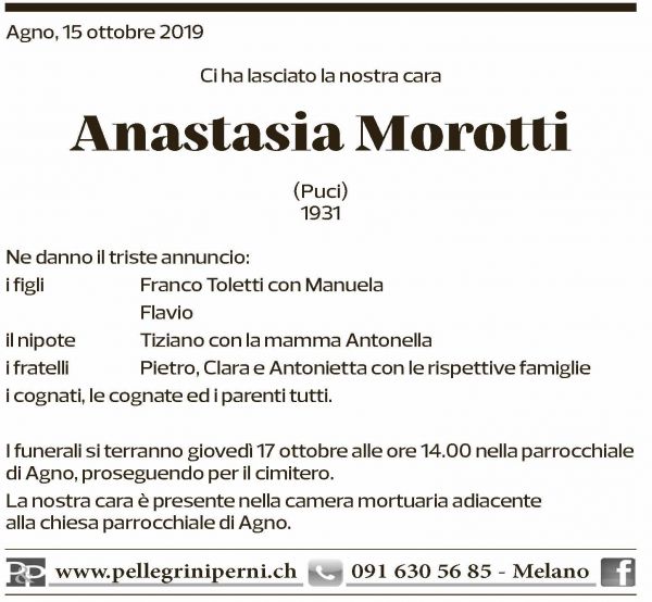 Annuncio funebre Anastasia Morotti